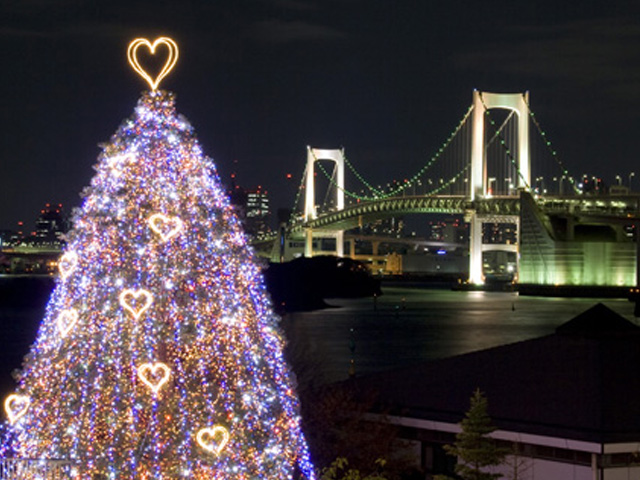 橋の夜景とクリスマスツリー